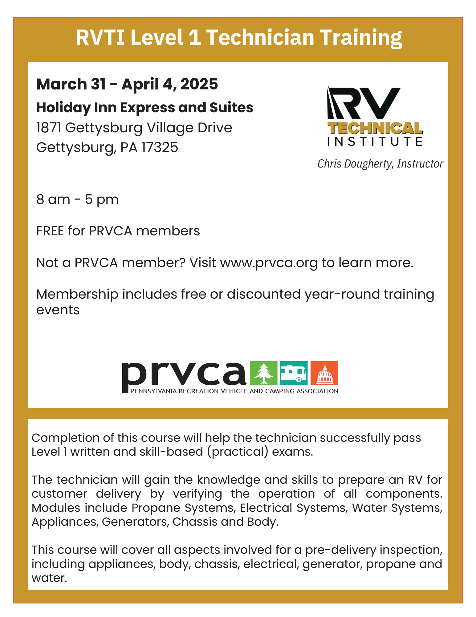RVTI Level 1 Technician Training flyer for Gettysburg