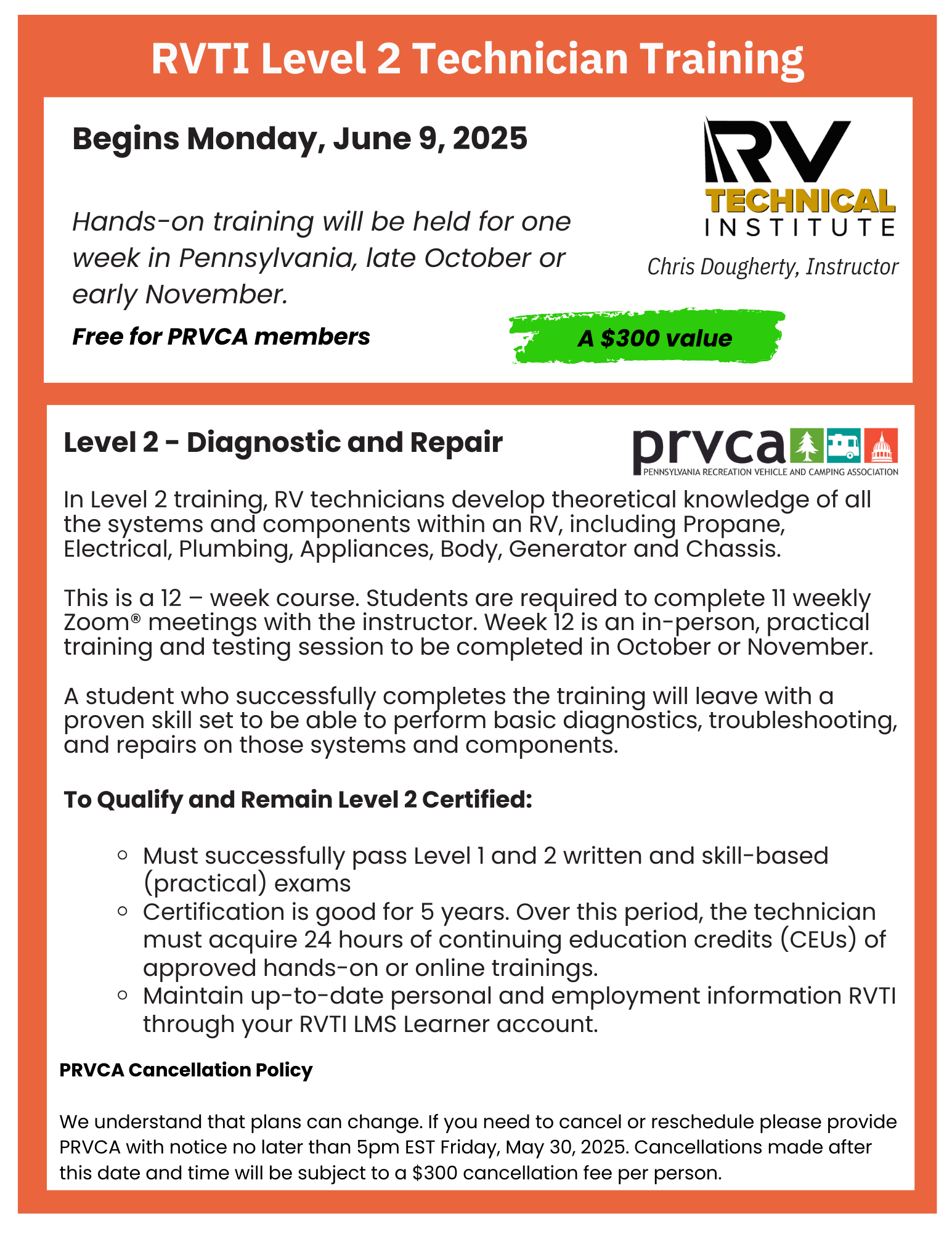 RVTI Level 2 Technician Training flyer
